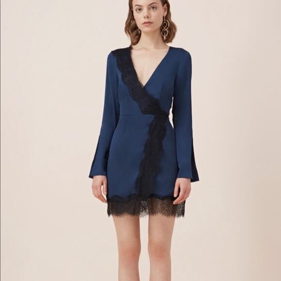 Keepsake The Label Mini Dress M Satin Lace Trim Long Flare Sleeve Blue Black - Picture 1 of 15
